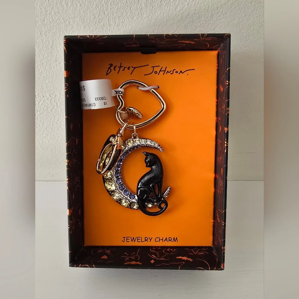 Betsey Johnson Black and Gold Cat Crescent Charm
